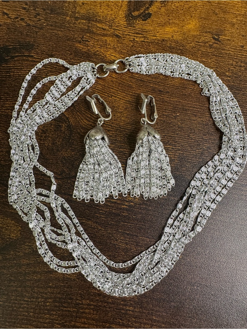 Sarah Coventry Silvery Cascade Multi-Strand Necklace with Clip Earrings Set